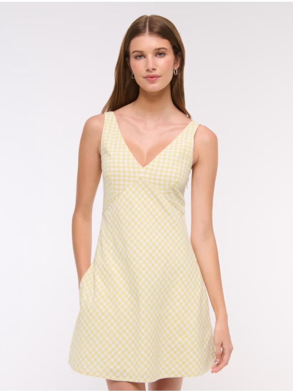 NWT Abercrombie & Fitch V-Neck Linen-Blend Mini Dress in Yellow Gingham